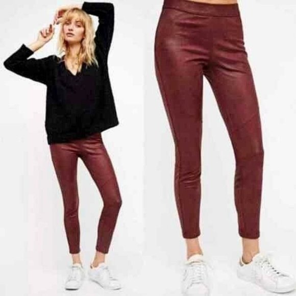 Free People Denim - Free People Faux Suede Leather Pull-On Skinny Pants, Burgundy Women's Size 26